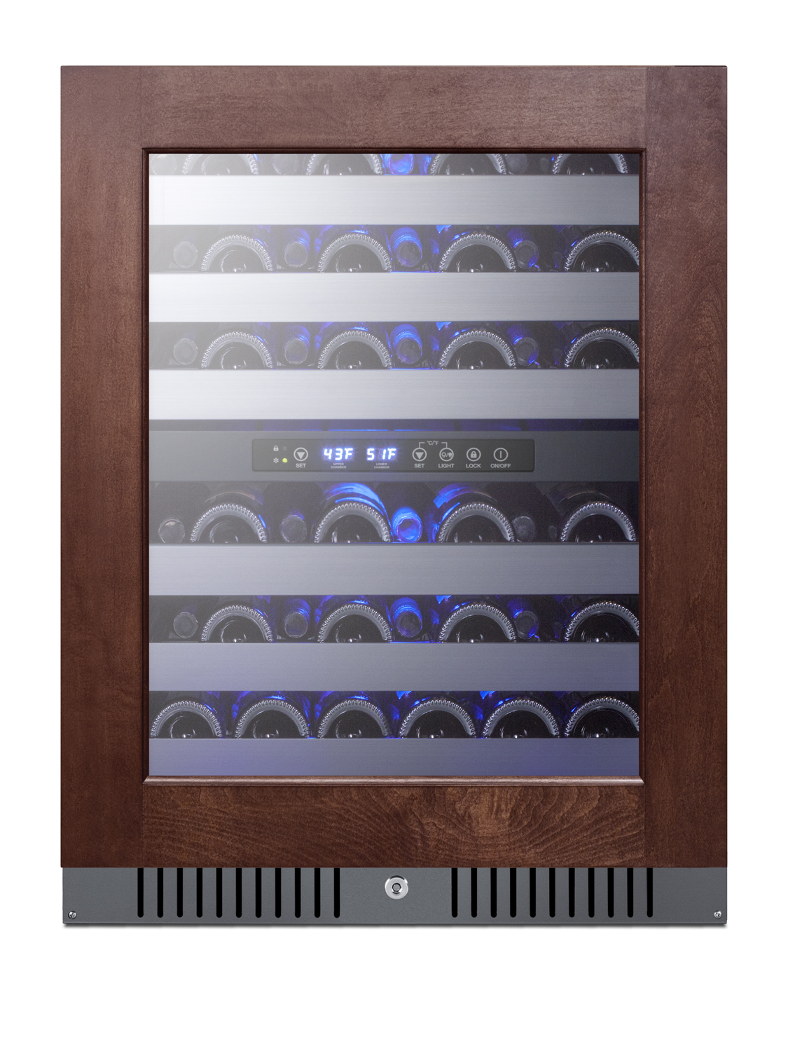ADA compliant dual zone built-in wine cellar designed for the display and refrigeration of up to 46 bottles, with digital thermostat, panel-ready glass door, and black cabinet